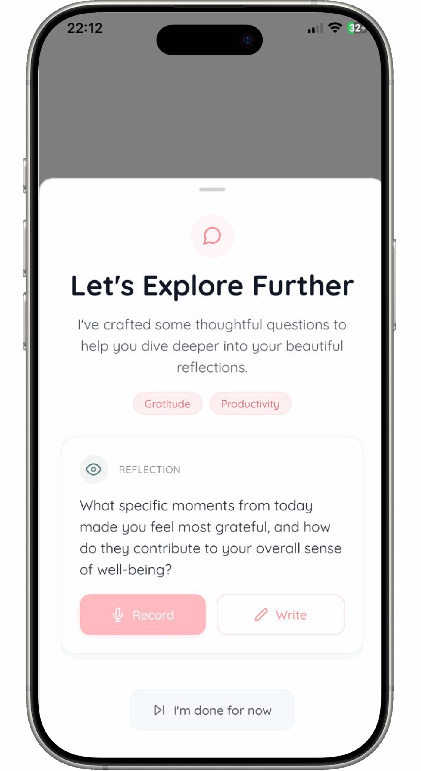 Yours Journaly app screenshot showing the guided journal prompts feature for gratitude and reflection.