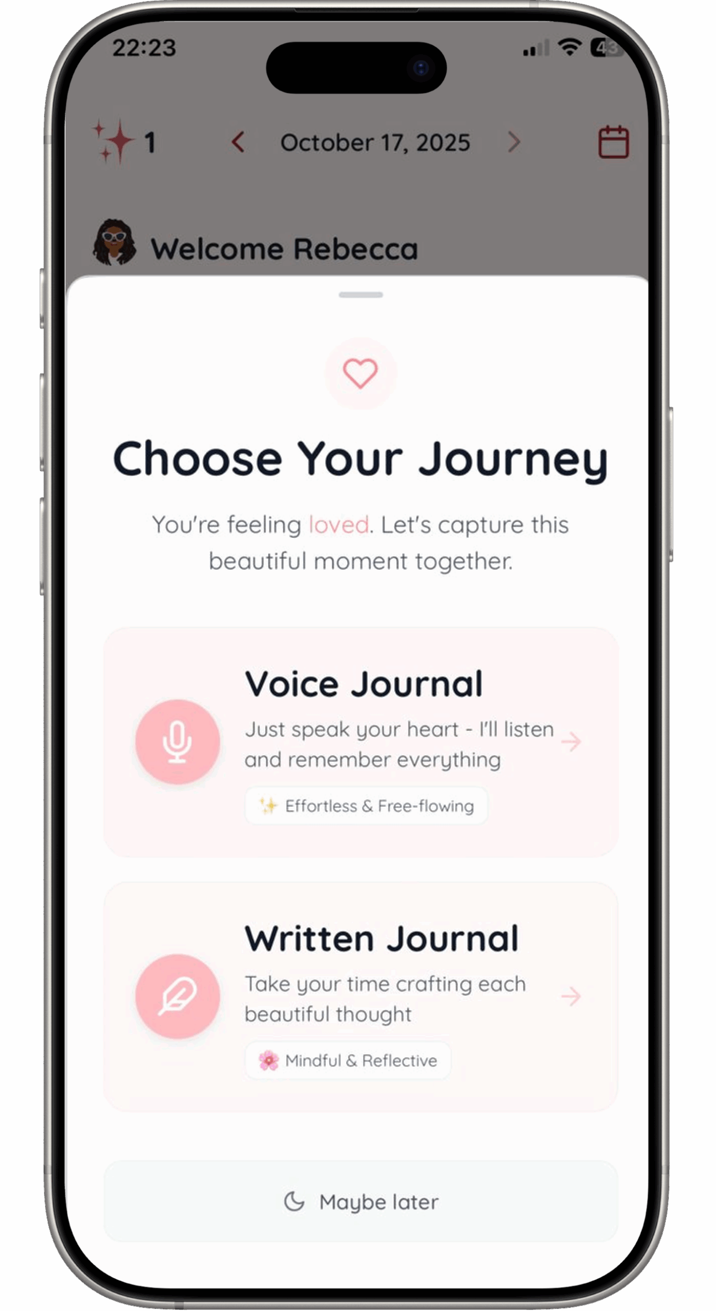 Yours Journaly app screen for choosing between Voice Journaling and Written Journaling.