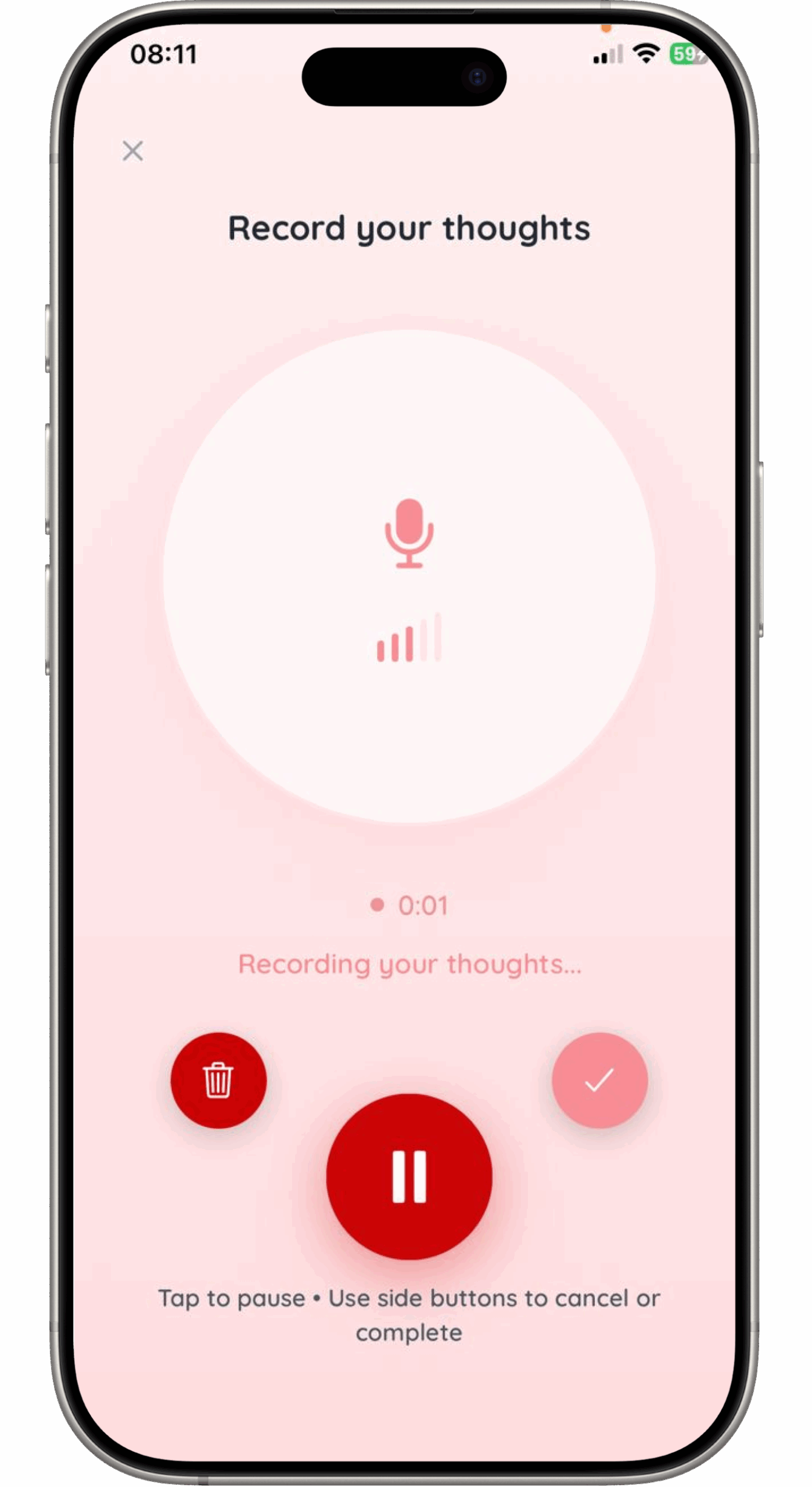 Screenshot of the voice-to-text journaling feature in the Yours Journaly app.